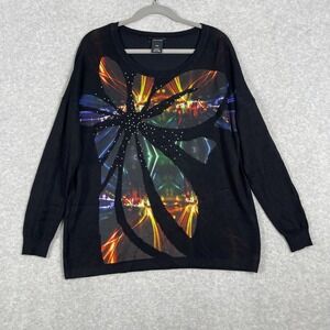 Alison Sheri Black Graphic City Lights Rhinestone Sweater Womens M Artsy Y2K